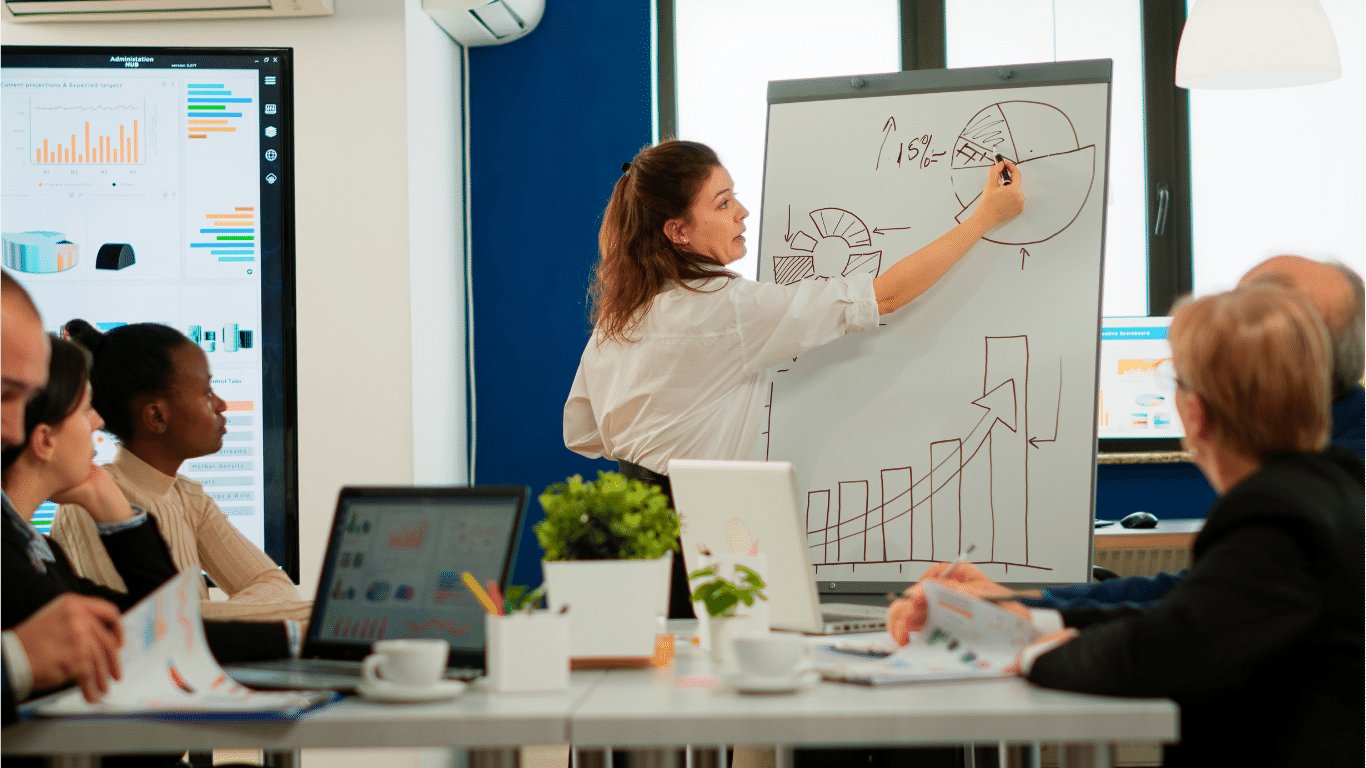 Medical Spa Consulting-Focused team leader presenting marketing plan to interested multiracial coworkers